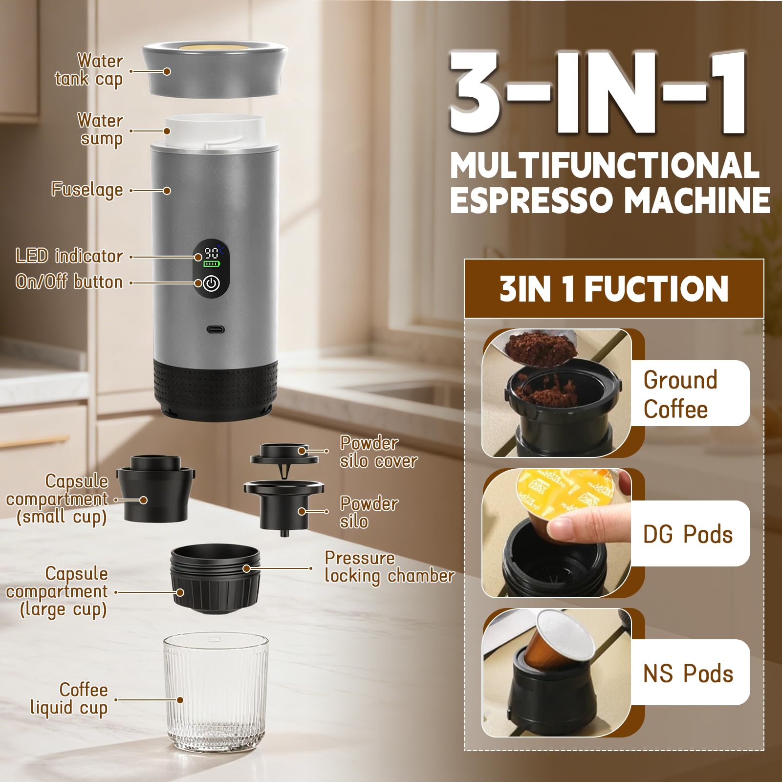 Machine à Expresso Portable 3-en-1 - Compatible Capsules Grandes/petites Et Café Moulu - Pour Voiture Et Camping