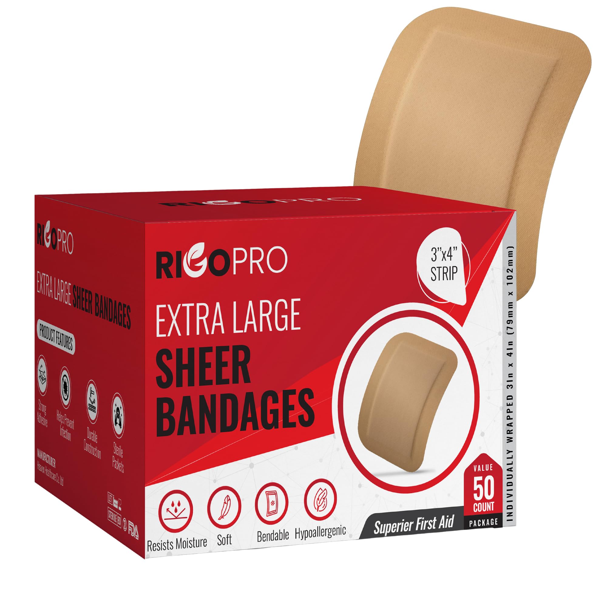 50 Cerotti Trasparenti Extralarge 7,6x10,2 Cm – Ipoallergenici, Sterili, Traspiranti, Senza Lattice