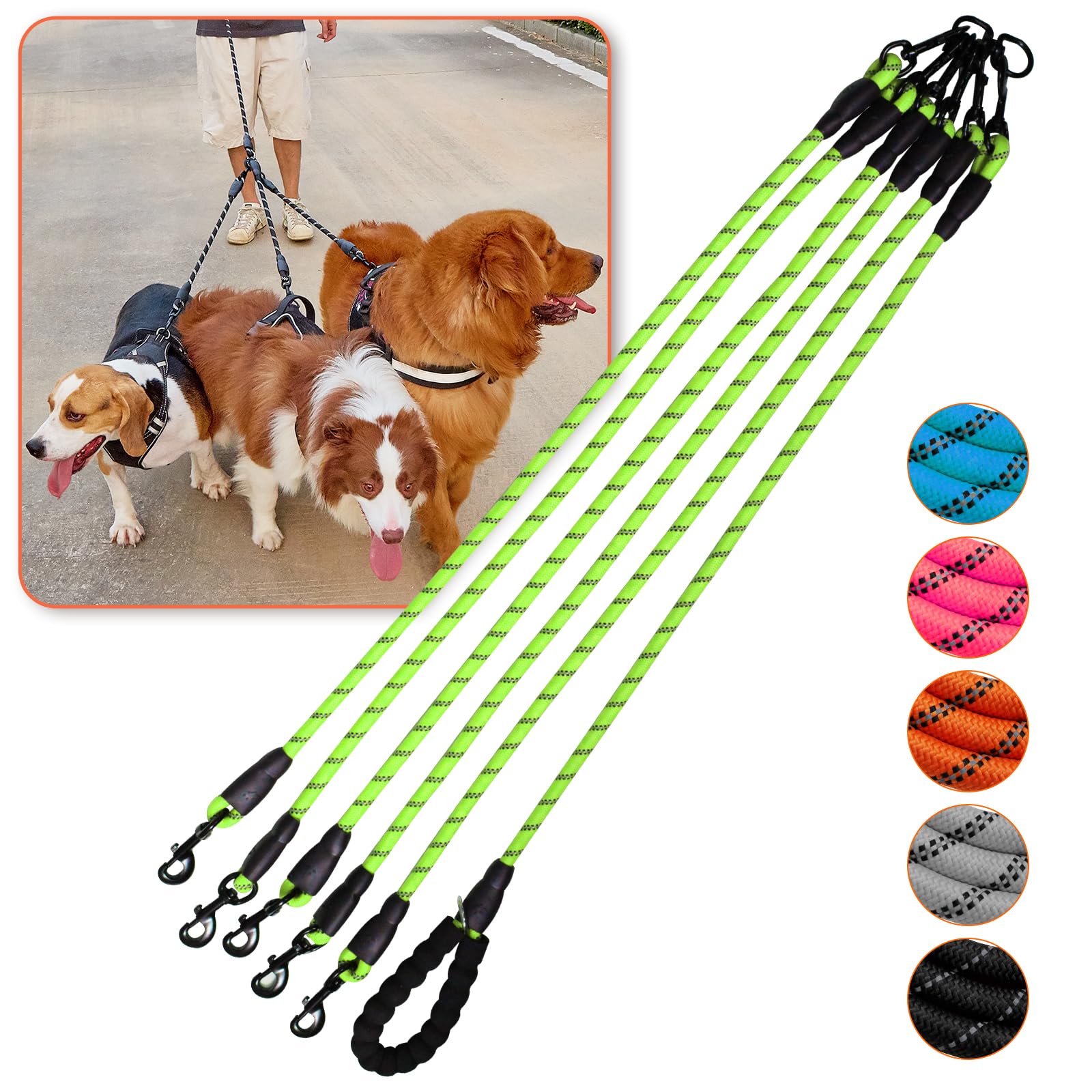 Laisse verte 5 en 1 pour chien – Pivote à 360°, réfléchissante, confortable pour promener et dresser cinq chiens
