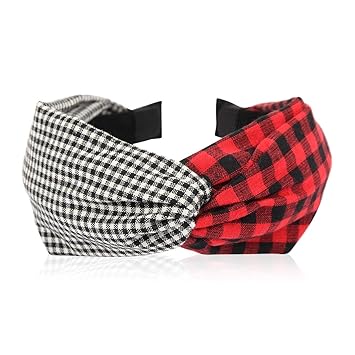 Statement Fashion Headband - Hair Accessories Bow Criss Cross Tie, Turban Fabric Wrap Bohemian Top Knot, Faux Pearl, Rattan Straw, Plaid, Gingham (Knot Gingham - Black Red)