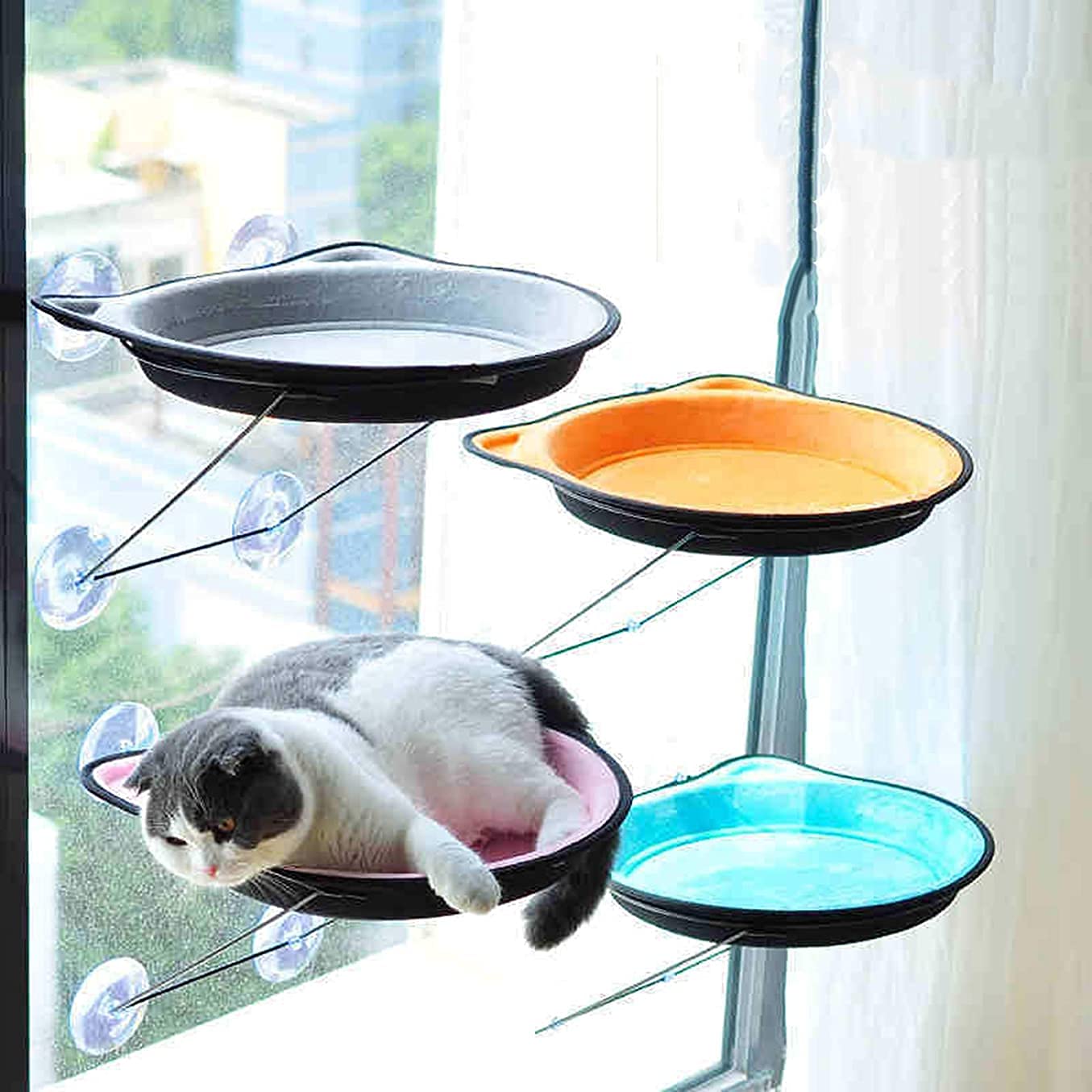 Hamaca para Gato Hamaca Ventana de Gato Cama montada en la Ventana para Gatos Asiento Solar Ventana Hamaca Percha Cojín Cama Estante Colgante Asiento Hamaca para Tomar el Sol Taza de succión Nido co