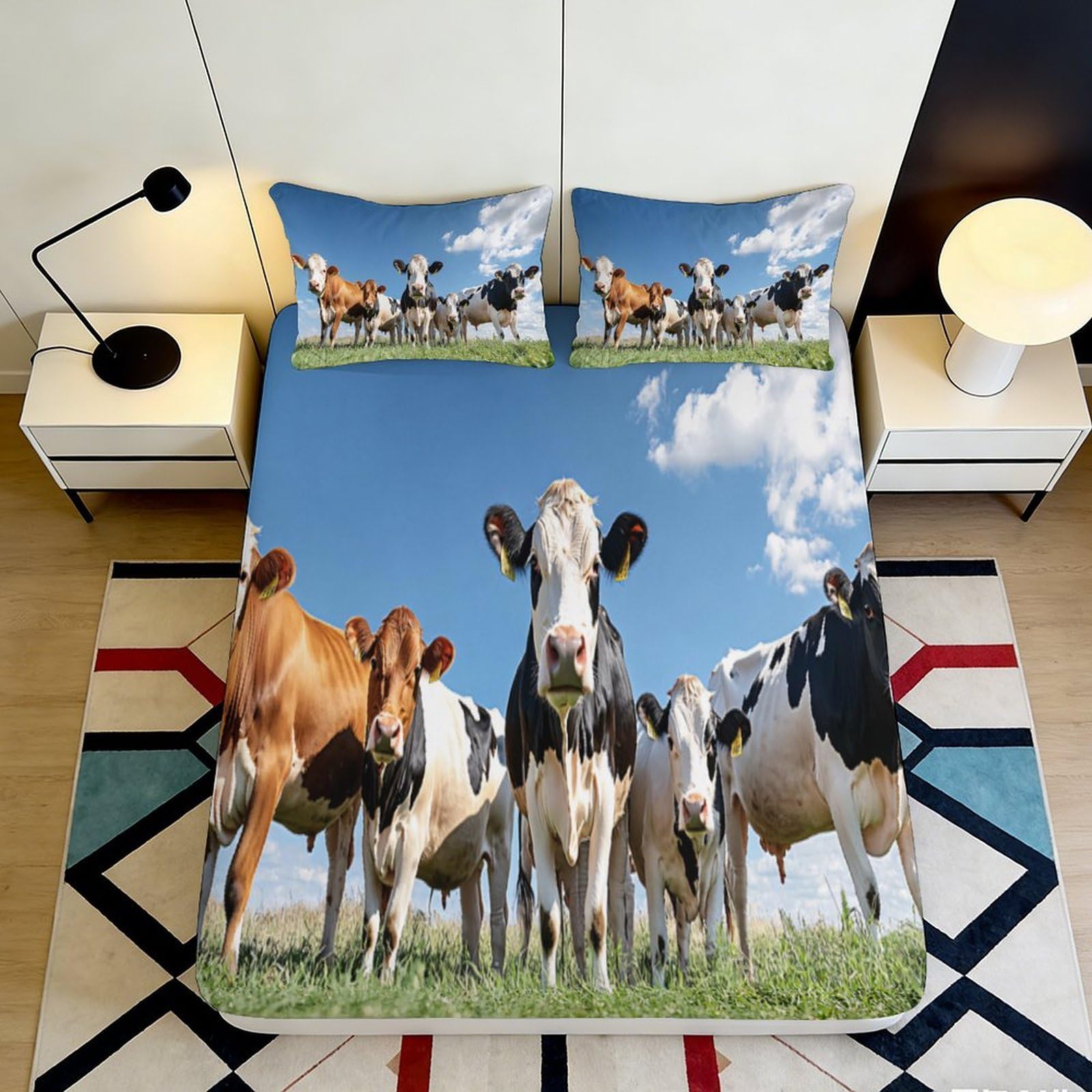 3D Printed Pastoral Cows Fitted Sheet Microfiber Deep Pocket Non-Slip Bedding Pastoral Cows Mattress Fitted Cover 90x200x25cm