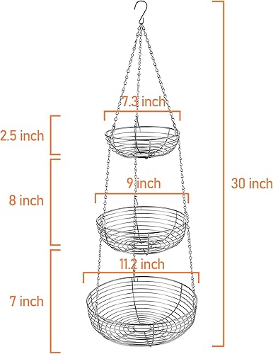 Miniatura 2 de Caxxa Cesta colgante de 3 niveles, organizador de frutas para cocina, organizador de alambre resistente con 2 ganchos de metal para techo, cromado