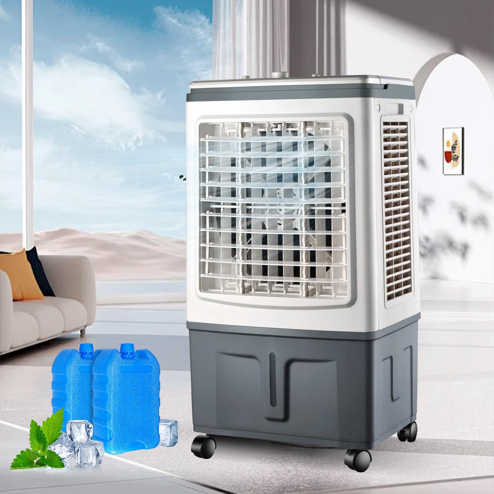 Air Cooler 30L 4-in-1 Large Portable Mobile Air Conditioner Mechanical, Humidifier with 2 Ice Packs, Commercial