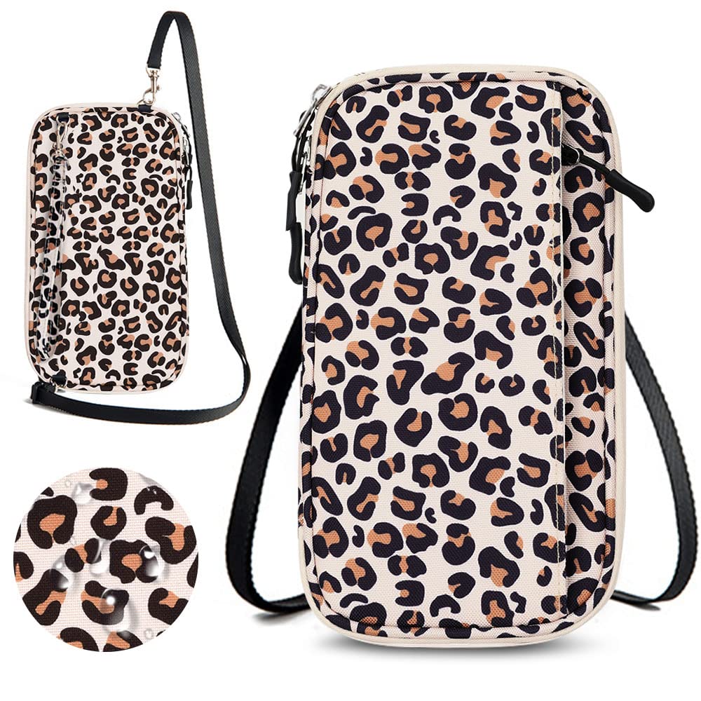 SosimcotyRFID Passport Holder Travel Wallet with Shoulder Strap- Family Passport Holder Multifunctional Storage Document Bag Travel Passport Bag Large Capacity Passport Holder Card Case, Leopard Print