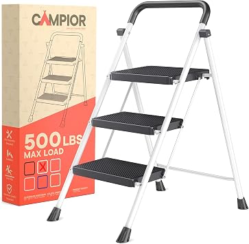 White 3 Step Stool Foldable Heavy-Duty Foldable Step Stool for Adults, 500 lbs Capacity, Anti-Slip Feet & Wide Steps, Sturdy Steel Frame, Lightweight & Space-Saving Design for Home, Kitchen & Garage