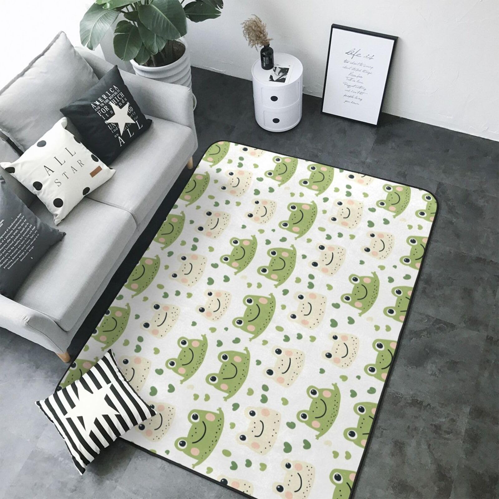 Grand tapis de salon motif grenouille et cœur 203x147 cm doux et lavable
