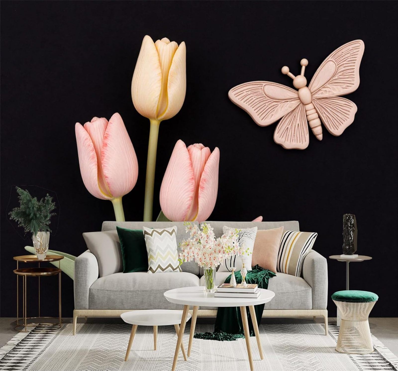 XLMING Pink Tulips Butterflies Black Background Floral Art 3D Wallpaper Silky Texture Home Study Office Grey Dining Room Sofa Bedroom Living Room TV Backdrop-300cm×210cm