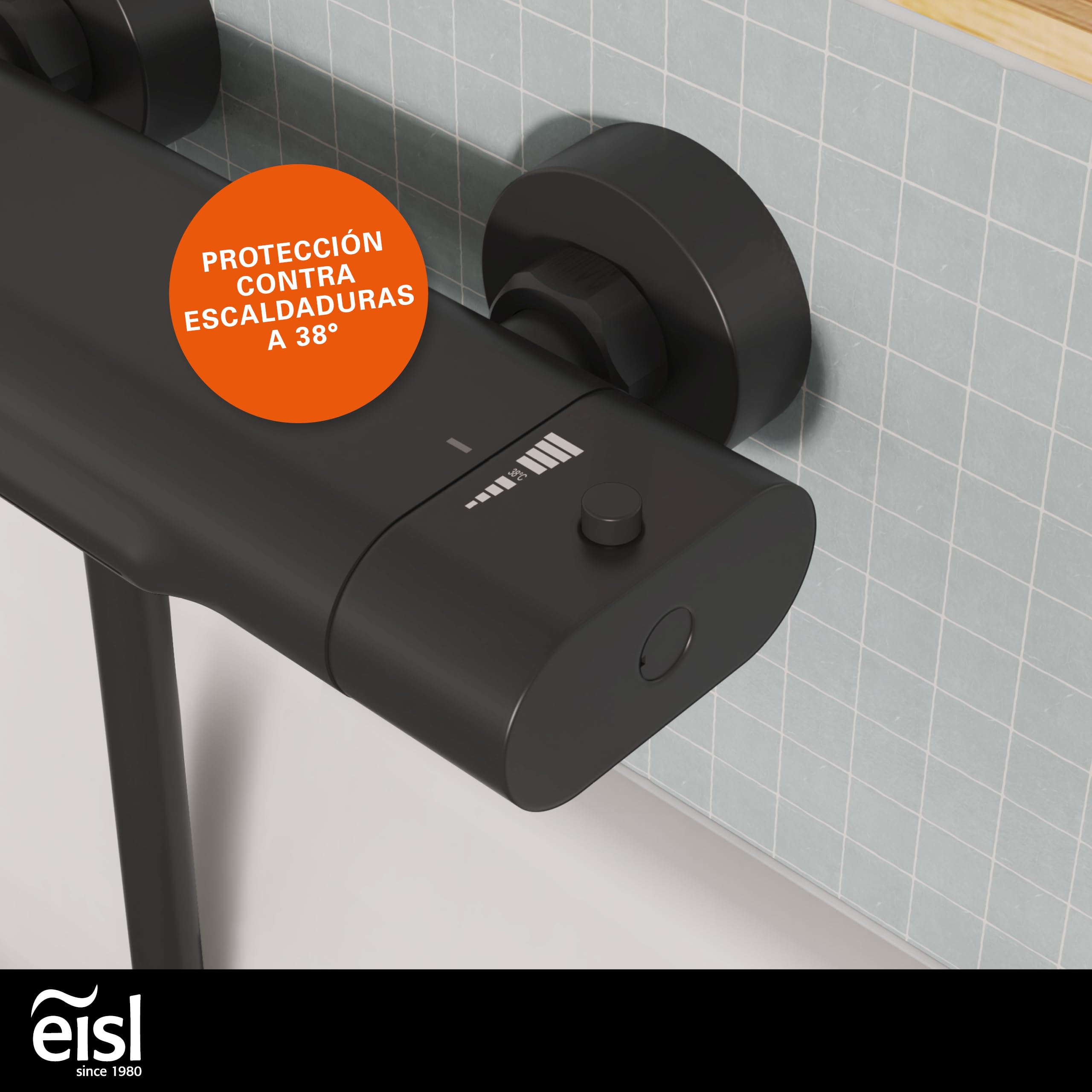 Grifo mezclador para bañera con regulación termostática, negro mate, caño cascada, bloqueo de seguridad 38 °C