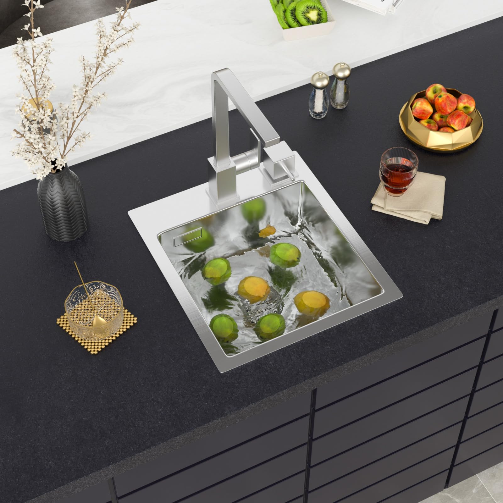 Sarlai Fregadero de cocina de acero inoxidable 304 de 35 x 40 x 18,5 cm con rebosadero | Fregadero pequeño de montaje superior con 2 agujeros para grifo, cuenco para cocina, bar, caravana y exteriores