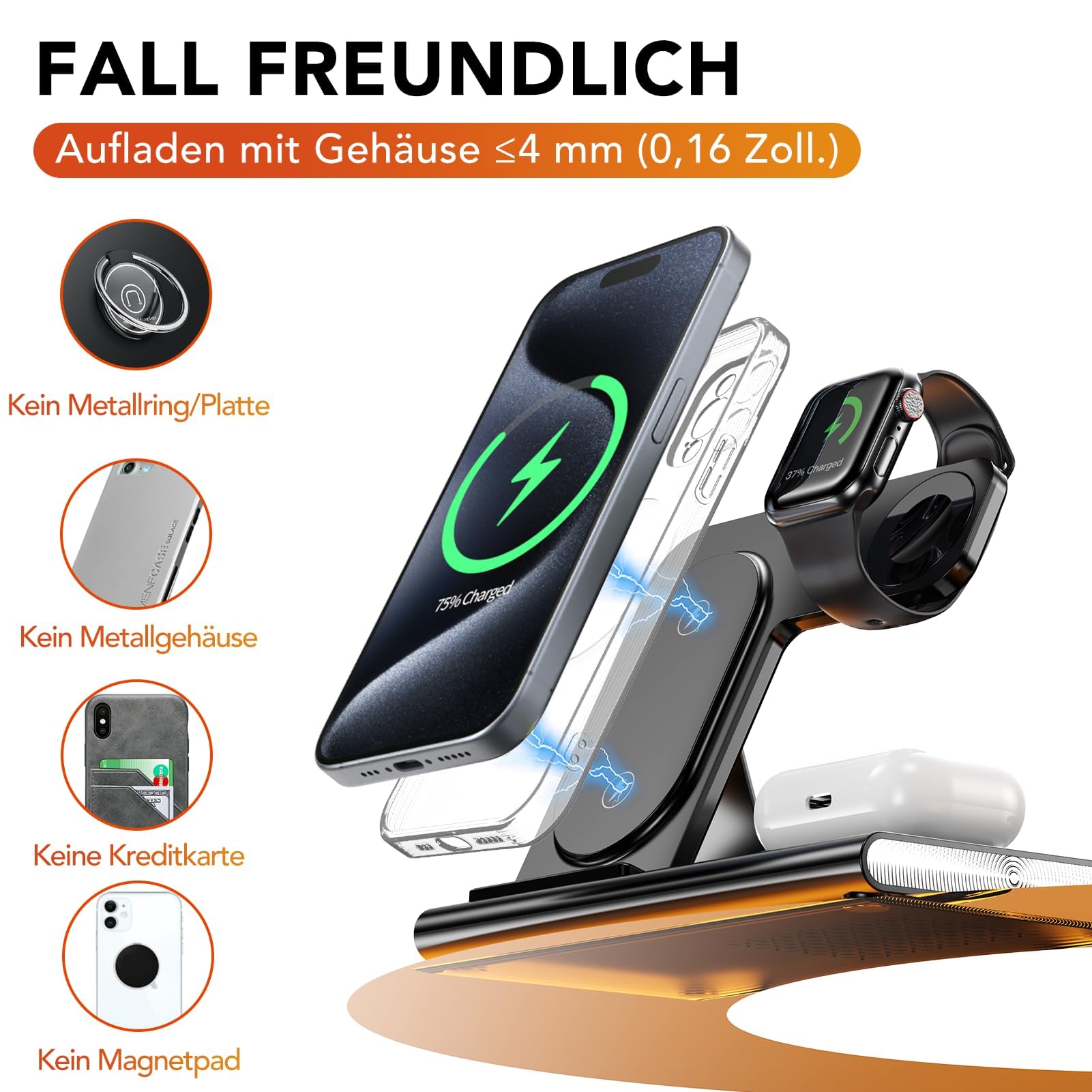 Aimtel 3 in 1 Induktive Ladestation Faltbare&Nachtlichter Kompatibel mit iPhone 17/17 Pro/17 Pro Max/17 Air/16/15/14/13,Apple Watch 11/Ultra 3/10/9/8/SE 3 für Air-Pods Pro/4/3/2 Kabelloses Ladegerät