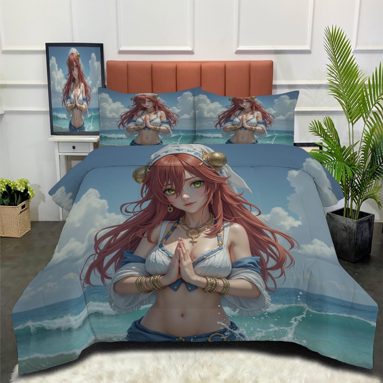 Couette 240x220 anime bleu avec 2 taies d'oreiller pour lit 2 personnes
