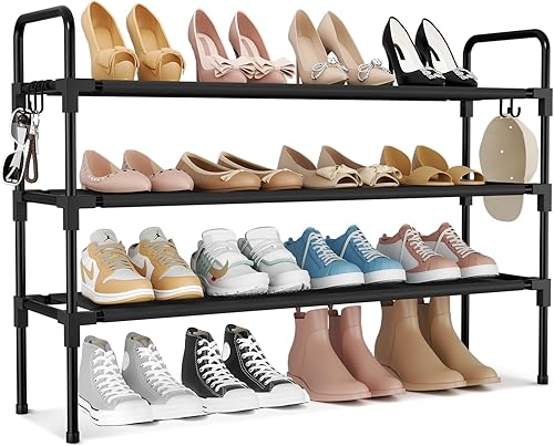 Zapatero de 3 niveles para armario, organizador de zapatos apilable con 5 ganchos, estante largo para zapatos, 16-20 pares para zapatos deportivos,