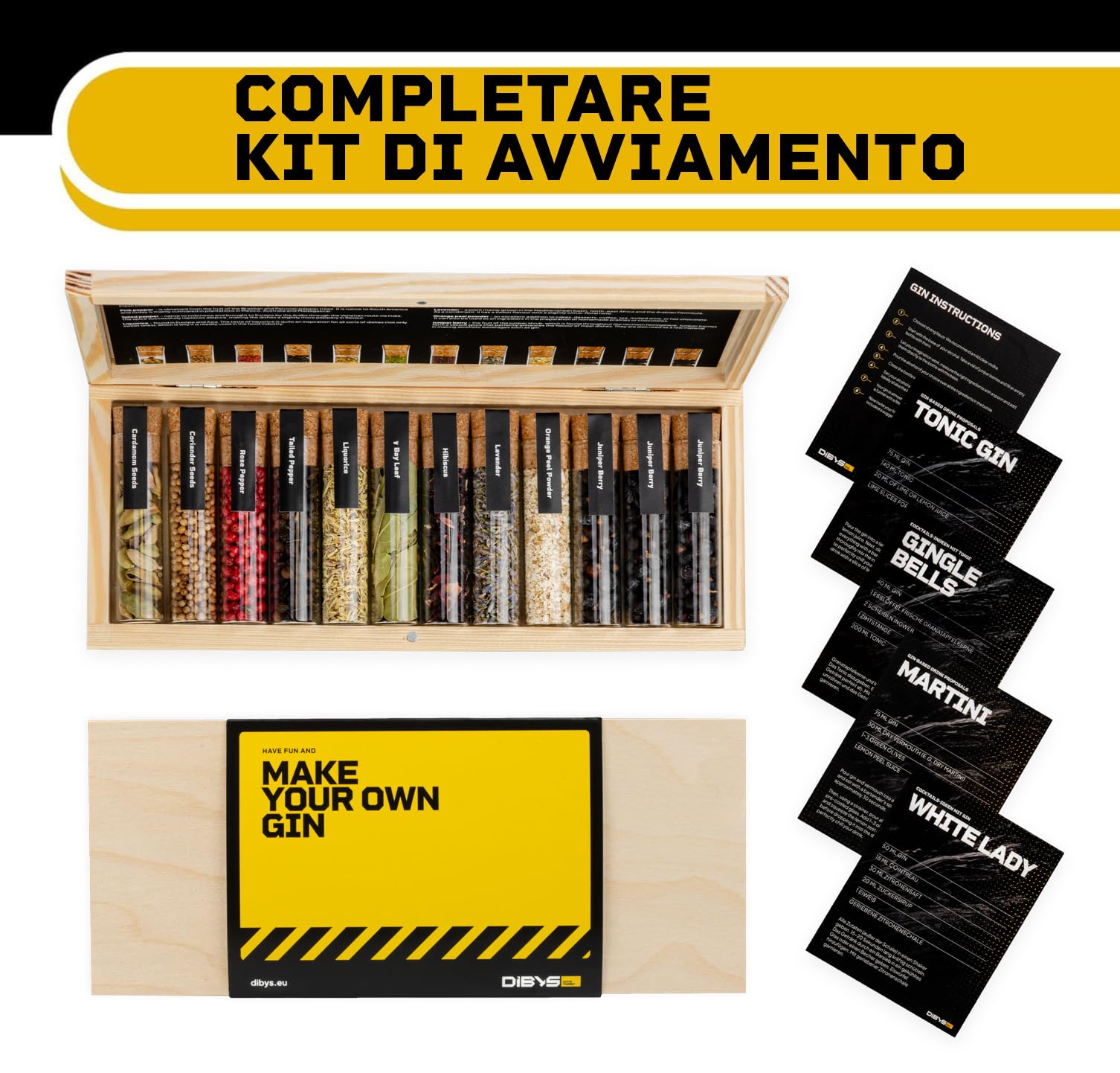 DIBYS Mini Kit Gin Botanico | Set Fai-Da-Te con 12 Spezie Naturali per Gin Tonic e Cocktail | Kit di Infusione con Carte Ricetta e Scatola in Legno | Set Regalo per Uomini e Donne | Set per Fare Gin