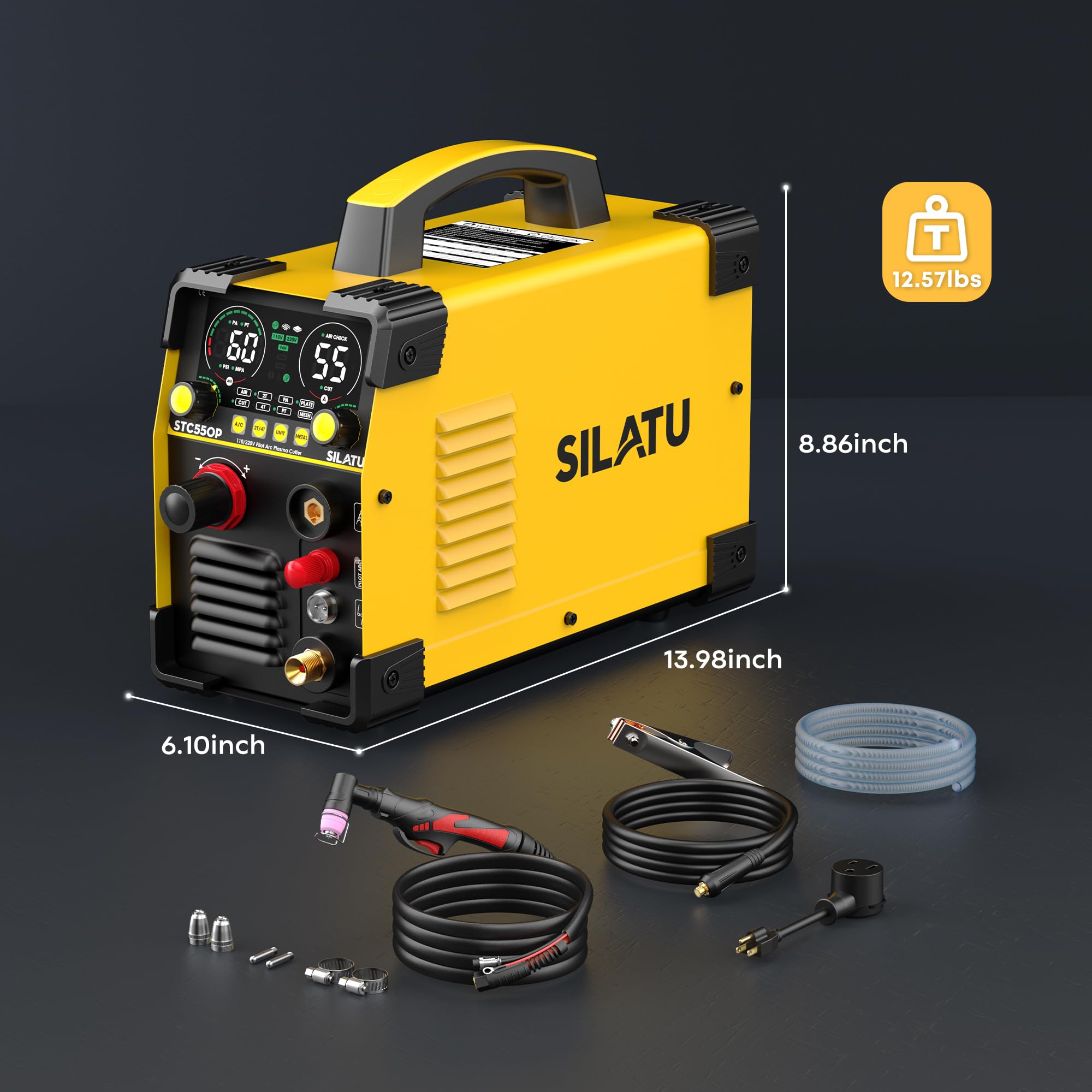 SILATU Przecinarka plazmowa 55 A, duży wyświetlacz LED, bezdotykowy łuk pilotowy, technologia czujnika powietrza, przecinarka plazmowa inwerter IGBT 110/220 V, czysta grubość cięcia 110/220 V
