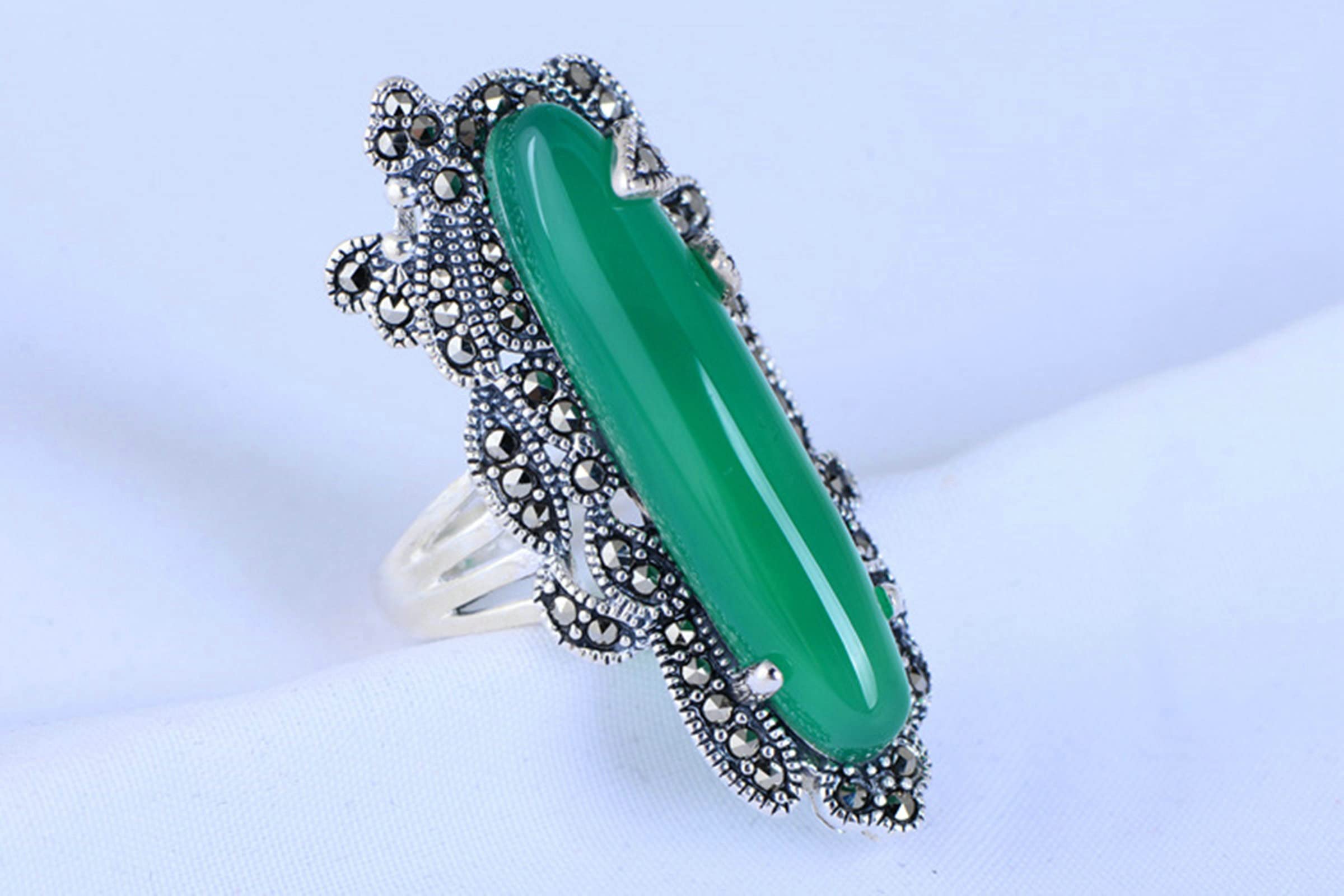 Aeici Anillos 925, Alianza Regulable Vieja Piedra Verde Anillo Mujer