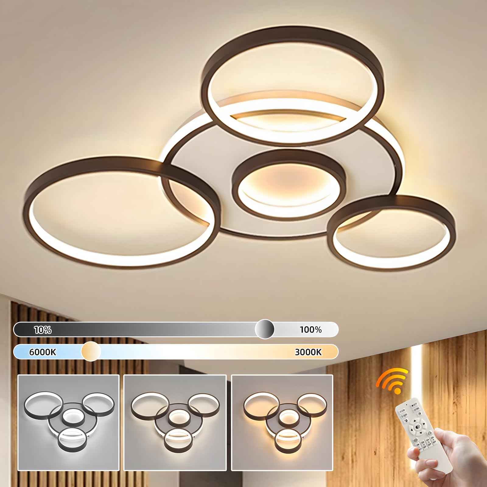 Lámpara Techo LED Moderna, Ø70cm Lámpara Multicírculo Negra, 58W Regulable Continuo 3000-6000K, Lámpara Redonda De Metal + Acrílico, Dormitorio Sala Niños Oficina Estudio Cocina (5 Anillos)