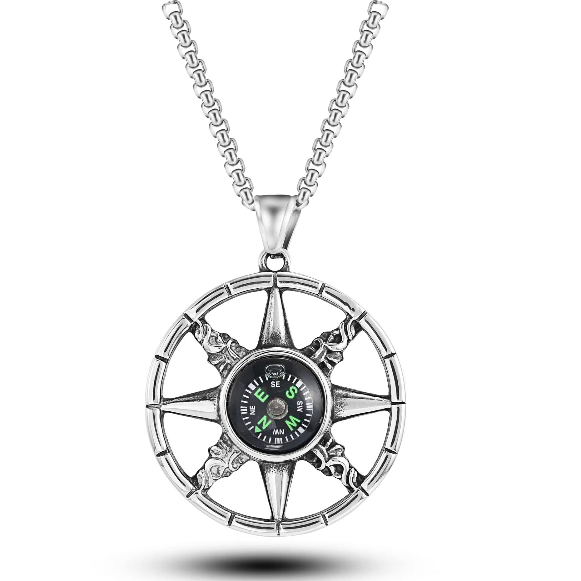 SUYGGCK Collana Necklace A Ciondolo della Bussola Marinaio Uomini da 60 Cm Donni di Gioielleria di Gioielli di Gioielli-Silver