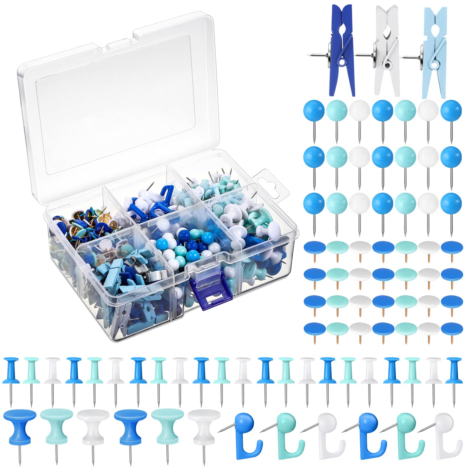 600 Pcs Decorative Push Pins, White Blue Thumb Tacks 6 Types Cute Push Pin Clips for Bulletin Board Wall Cork Board Colorful Classroom Decor Teacher