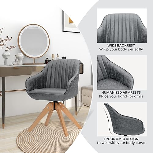Miniatura 7 de Giantex Silla giratoria para escritorio sillón sin ruedas tela de Leathaire acolchada cómoda silla de escritorio moderna de mediados de siglo para