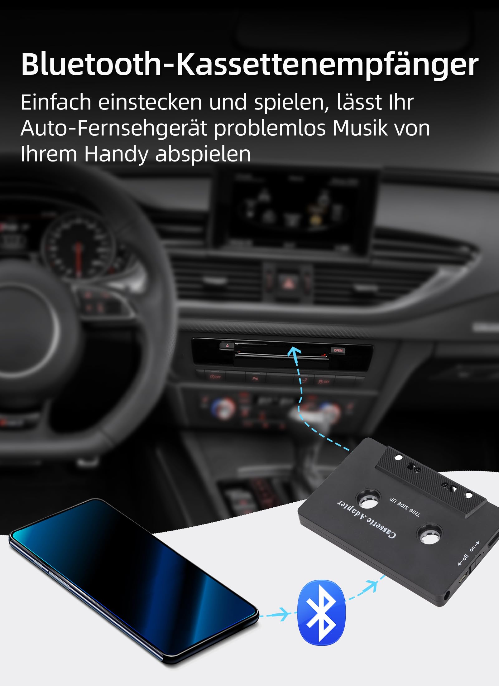 Bewinner Auto Audio Bluetooth Kassettenadapter, Rauschunterdrückung, Stereo High Fidelity Band Aux Empfänger für Auto Tablet