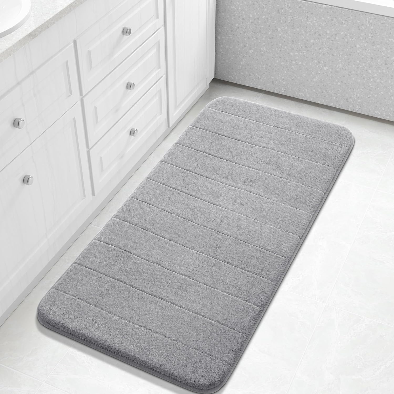 Yimobra Memory Foam Bath Mat 112 x 61 cm, Non Slip Bathroom Mat, Soft Absorbent Quick Dry Bath Rug, Machine Washable for Shower, Sink and Bathroom, Gray