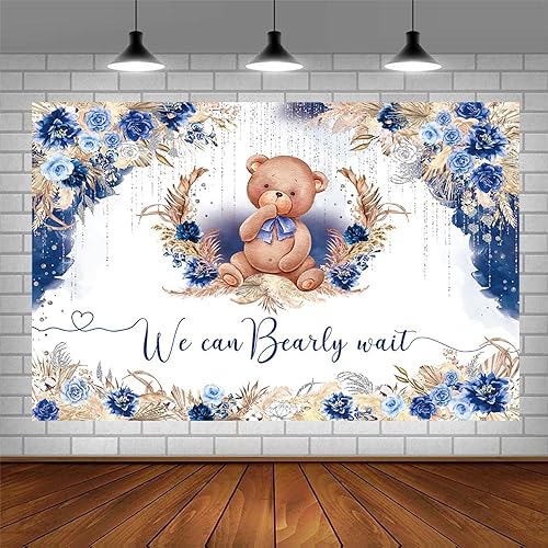 Miniatura 3 de Telón de fondo bohemio para baby shower de 8 x 6 pies para niño, We Can Bearly Wait Oh Baby, fondo de fotografía de flores azul real, hierba bohemia