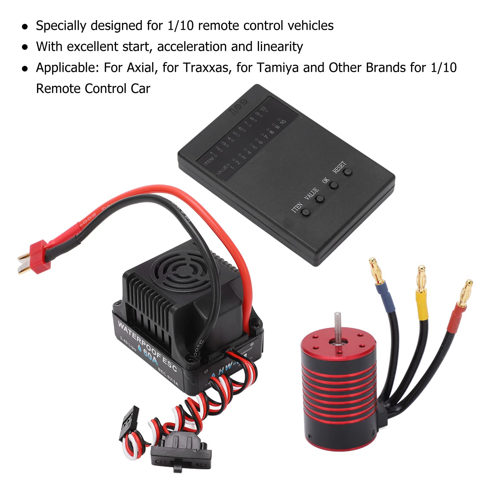 Bezszczotkowy Zestaw ESC, bezszczotkowy wodoodporny silnik 3650 60A ESC, karta programowania do samochodu RC 1/10 (4500kV)