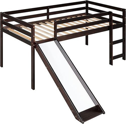 Miniatura 8 de Harper & Bright Designs Cama alta baja para niños con tobogán, marco de cama de madera de tamaño individual, color espresso