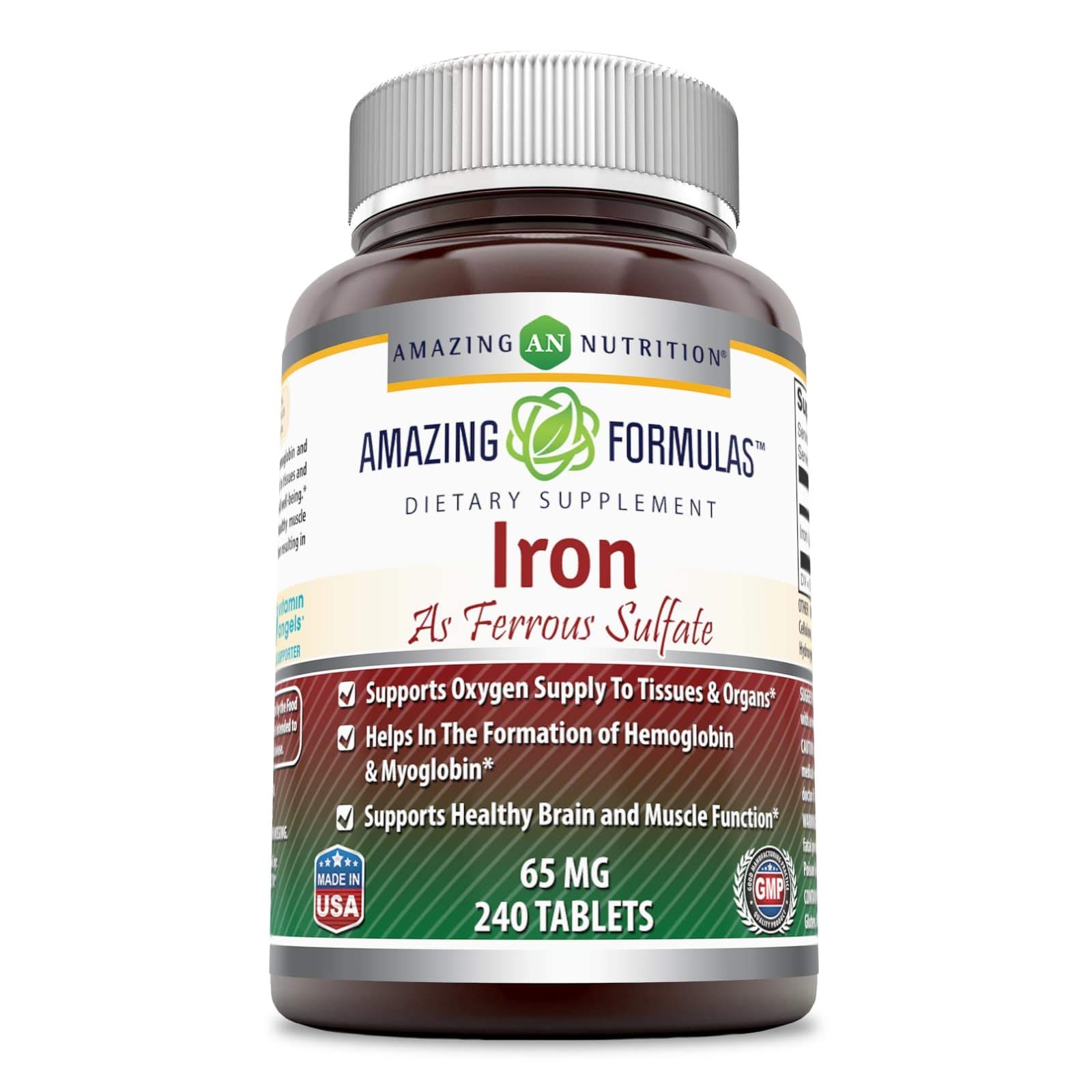 Amazing Formulas Ferrous Sulfate 65 Mg 240 Tablets -Iron As Ferrous Sulfate for Better Absorption- Supports Oxygen Supply ...