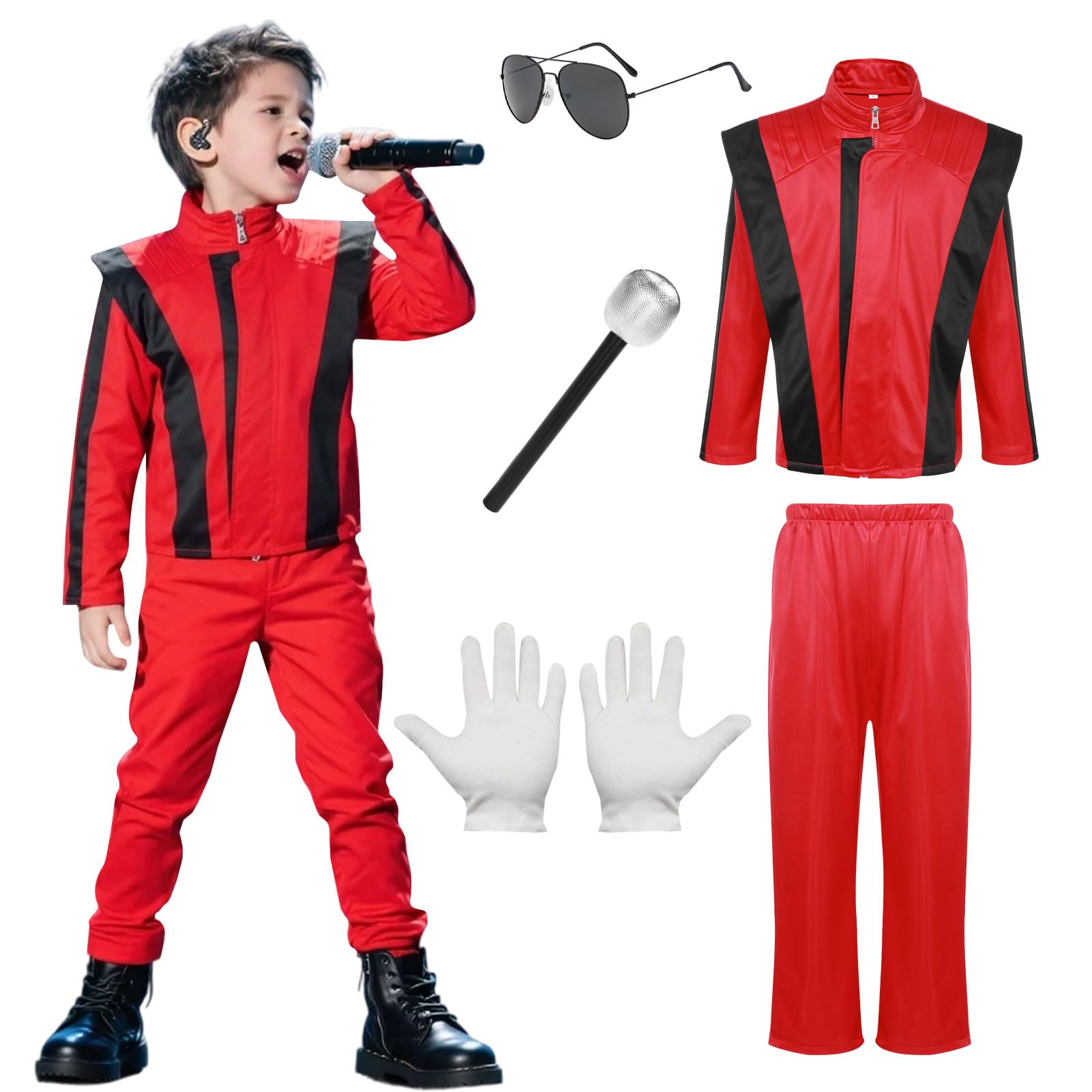 Antsparty Dancer Rocker Star Costume, 80s Pop Costume Set including Red Jacket and Trousers Glove Glasses