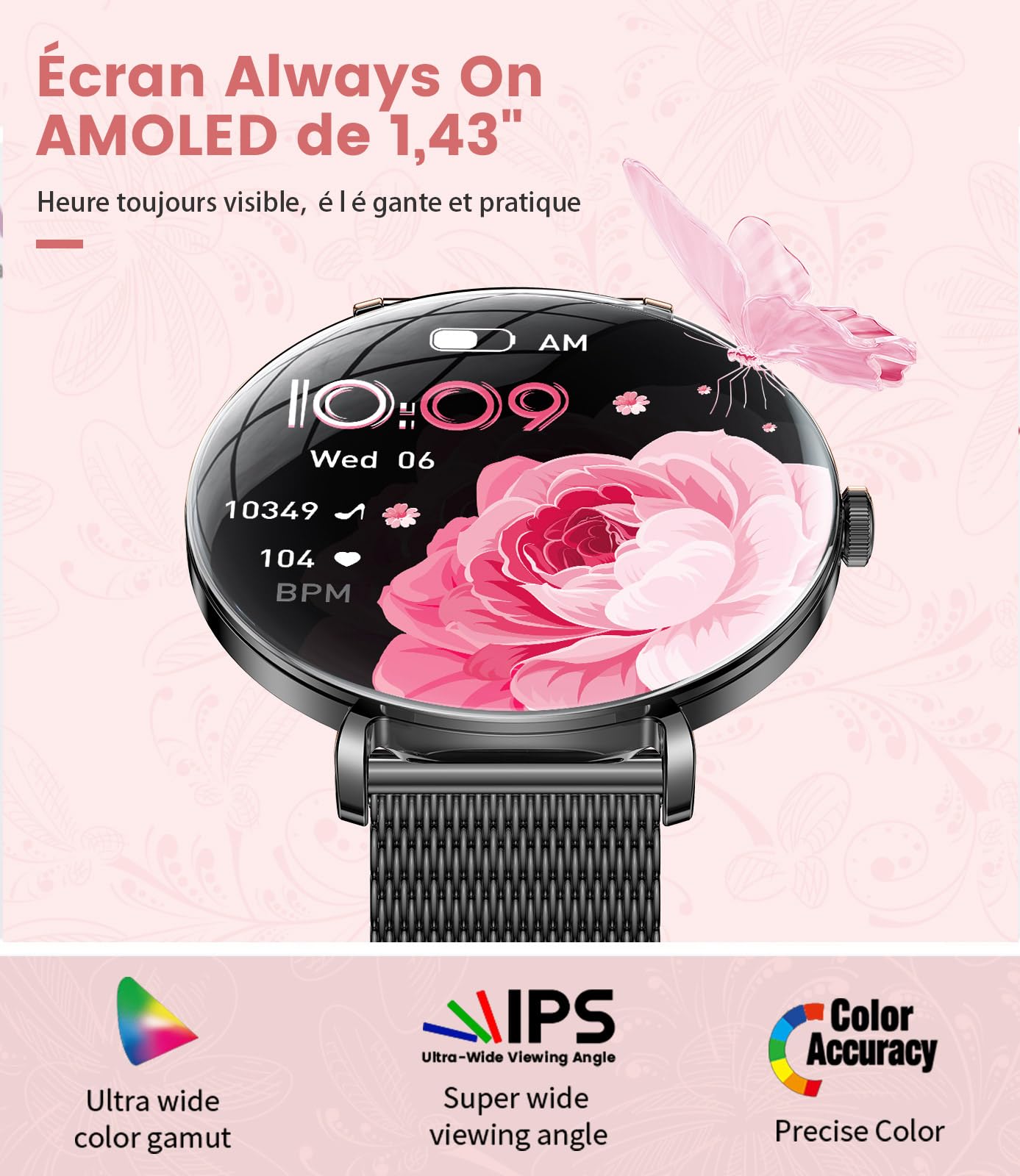 SUNKTA Montre Connectée Femme Léger avec Ultra-Mince 1.43'' Écran Courbé AMOLED Appels Podómetro/Fréquence Cardiaque 100+ Modes Sportifs IP68 Imperméable Élégante Femme Smartwatch Android iOS
