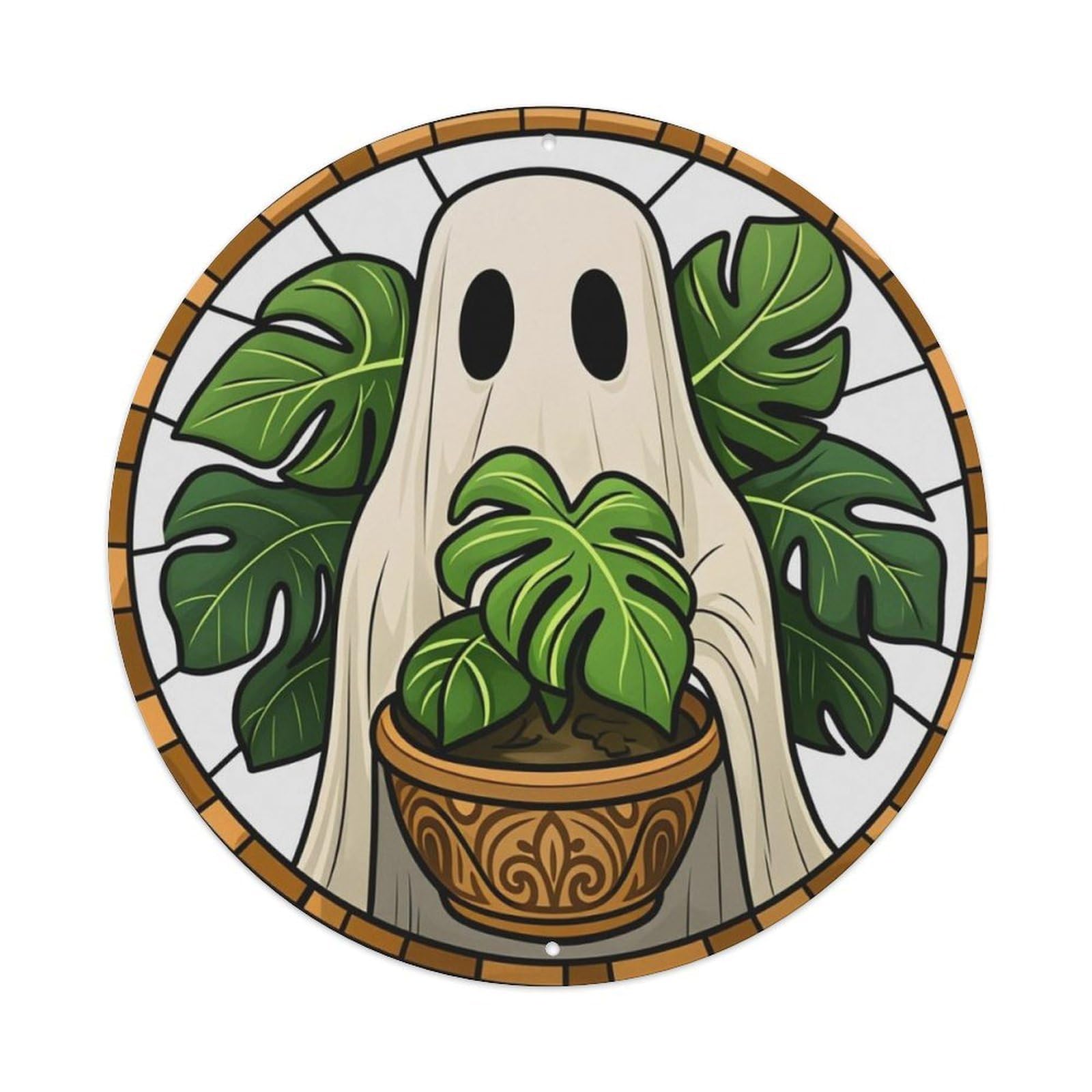 Ldfuieksufg Style Cute Ghost Monstera Plant Round Decor Sign Vintage Aluminium Metal Sign, Retro Wall Decor For Home, Bar, Garage & Farmhouse 20X20cm