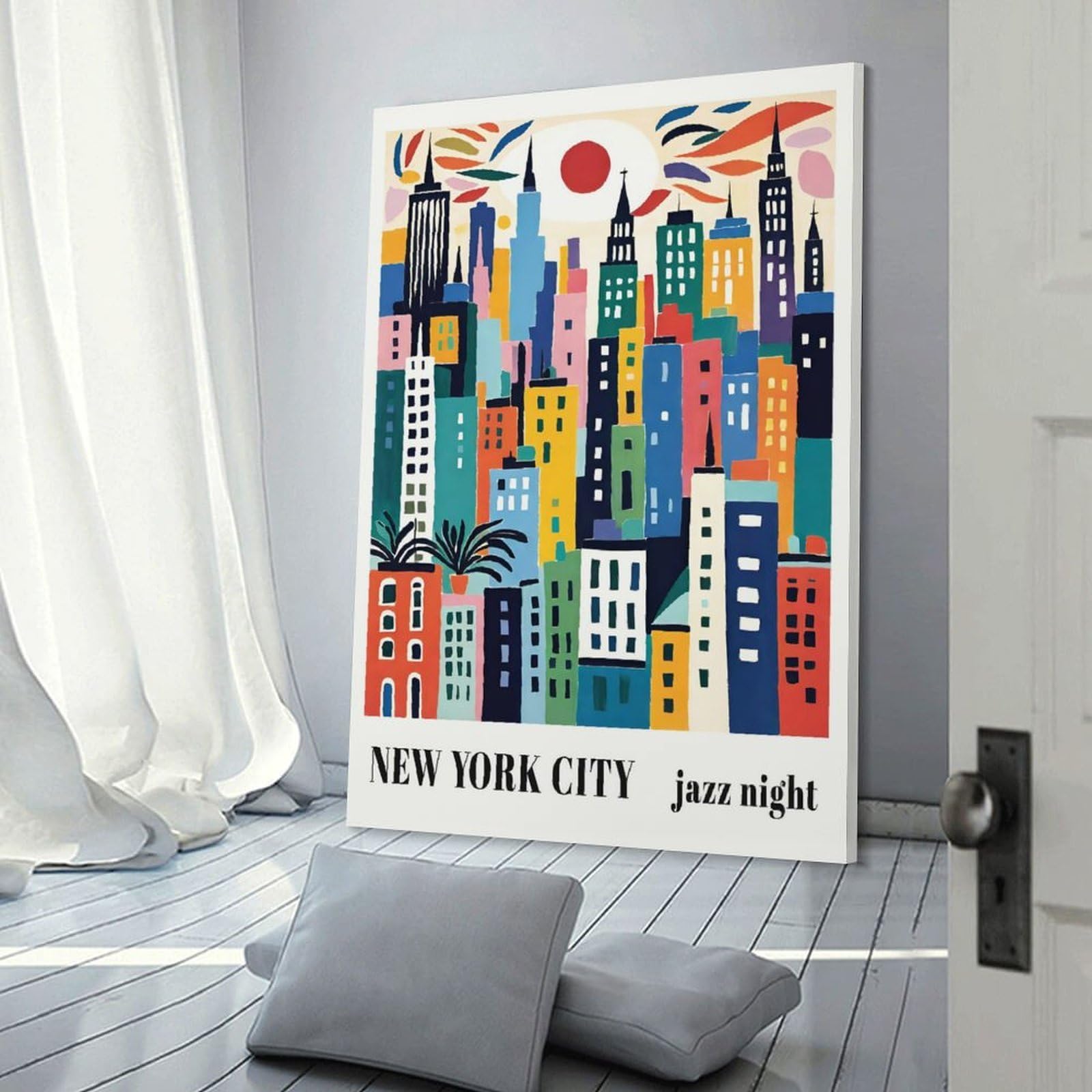 Junmoney Wall Picture Print Colorful New York City Jazz Night, 20x30inch(50x75cm), for Entryway, Lounge Links Or Small Walls, Home Artwork for First Impressions