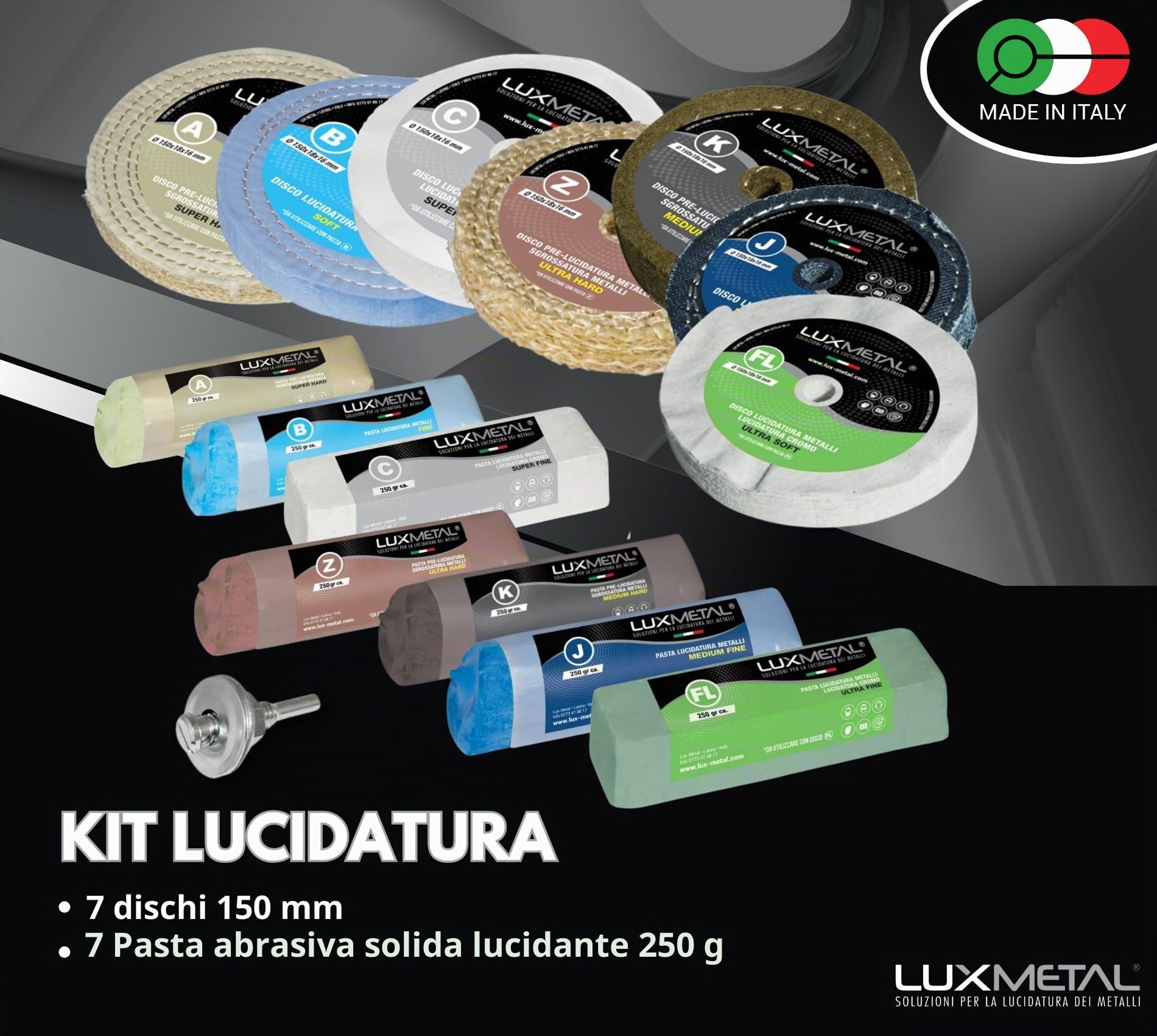 Lux Metal - Kit 7 Disco Lucidante 150 mm e 7 Pasta Abrasiva Lucidante 250 gr - Per Alluminio, Ferro, Acciaio Inox, Bronzo, Marmo - Ruota Lucidatura Metalli Trapano Mola Smerigliatrice Feltro Cotone