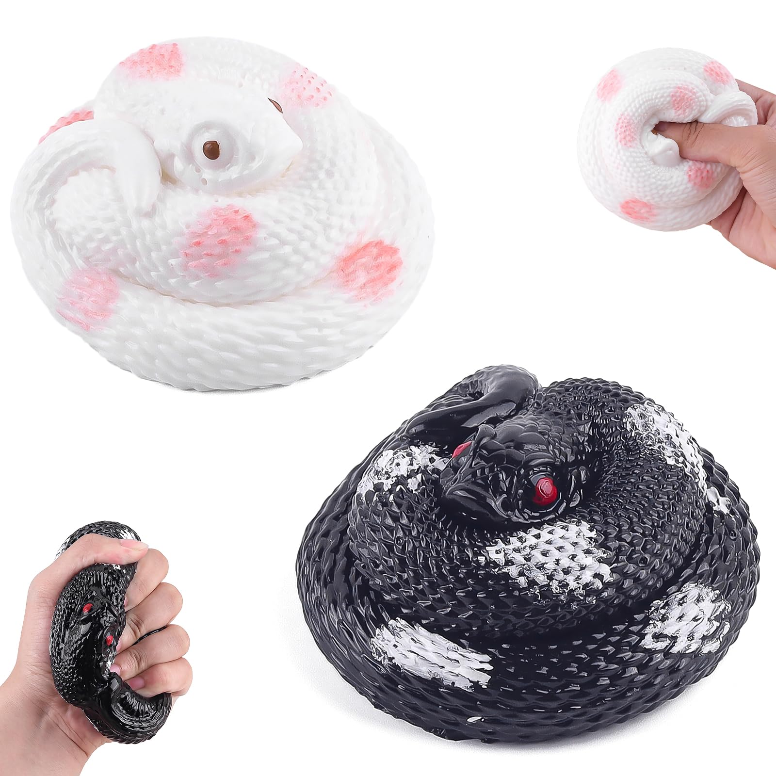 Anboor 2 Pcs Snake Squishy Toys, Realistic Sticky Snake Squeeze Fidget Toys Stress Relief for Kids Adults Prank Props Autism Birthday Gifts (White & Black)