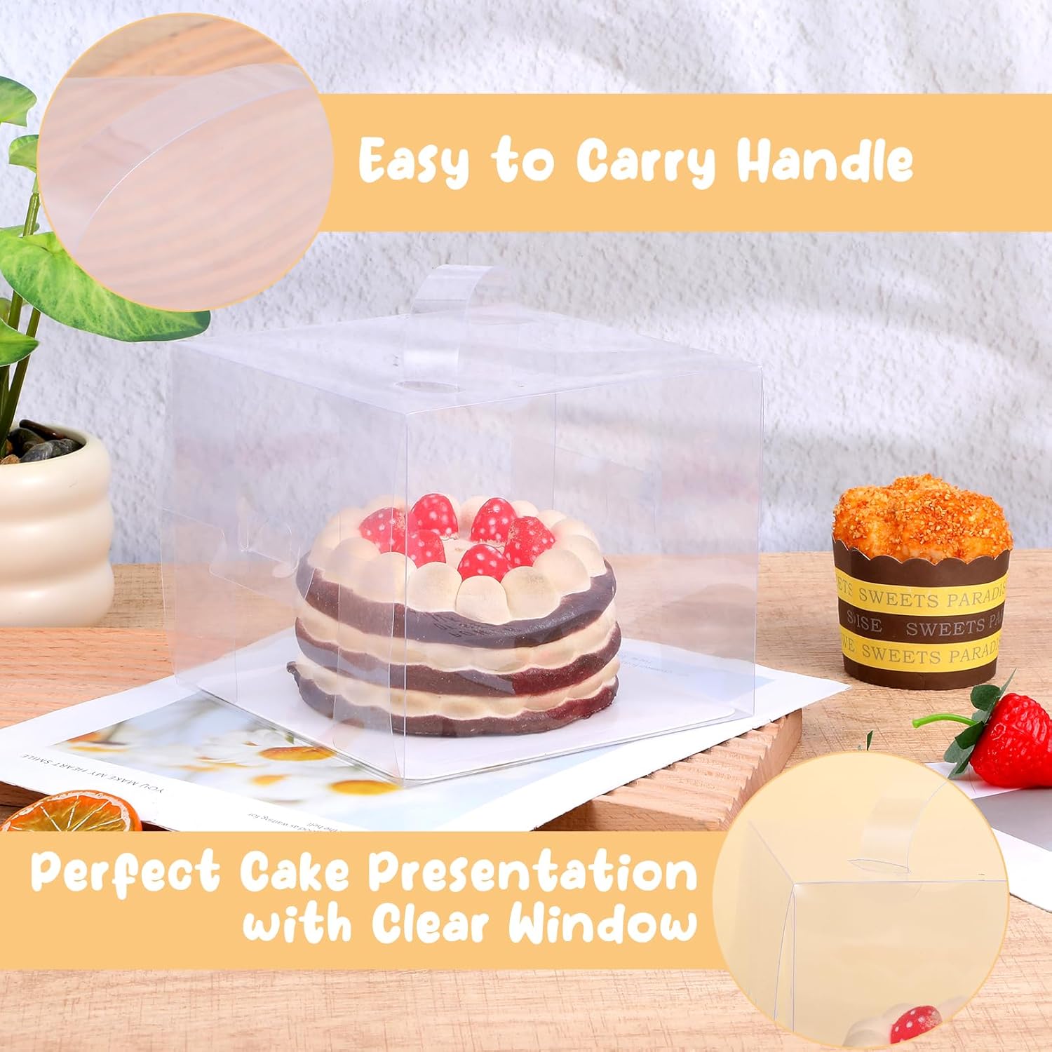 6 x 6 x 5インチの透明ケーキボックス20個。持ち運びやすいプラスチックケーキ容器、ハンドル&amp;ケーキボード付き。誕生日