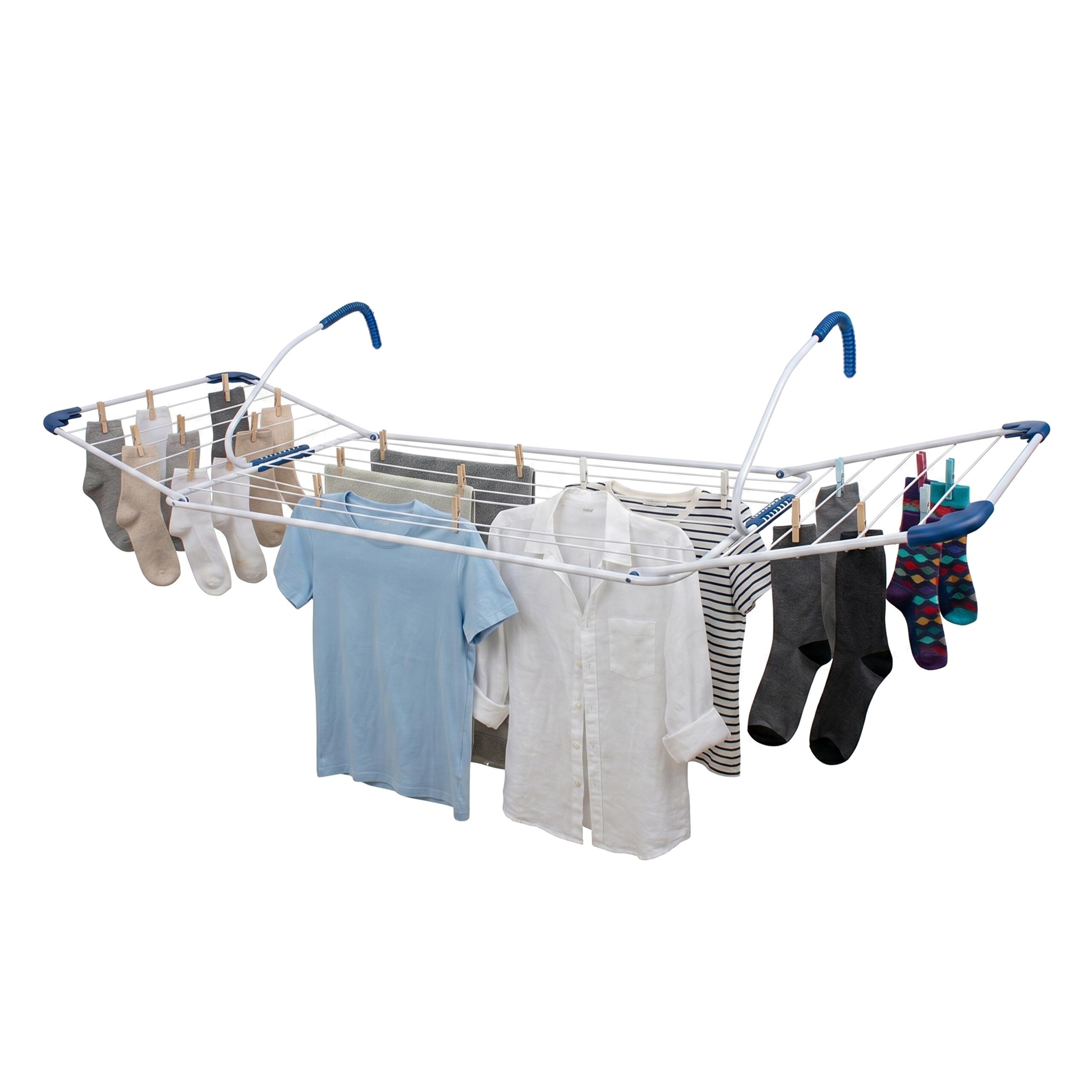 Relaxdays Stendibiancheria 15 m di spazio d'asciugatura, bianco/blu | Da appendere a termosifoni e balconi, acciaio