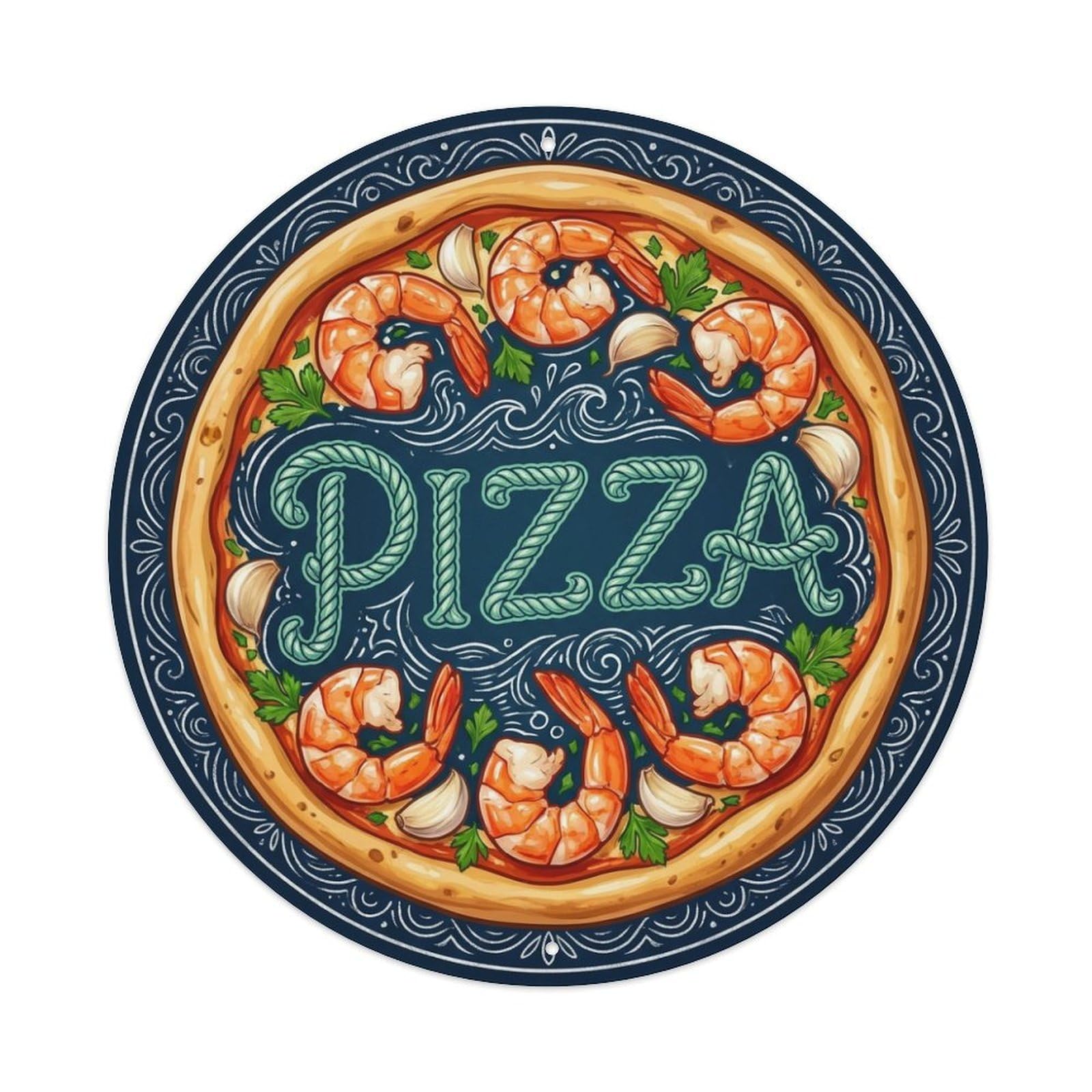 Shrimp Garlic Parsley Pizza Food Illustration Metal Tin Sign