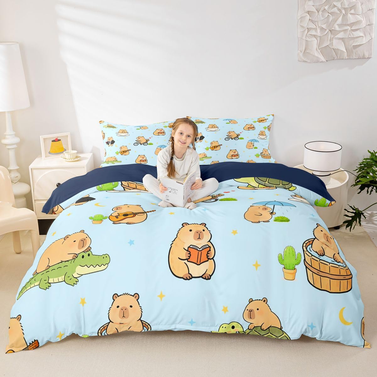 Homewish Set di biancheria da letto con copripiumino per bambini e ragazzi, motivo con stelle e simpatici porcellini d'India, per amanti dei Capybara
