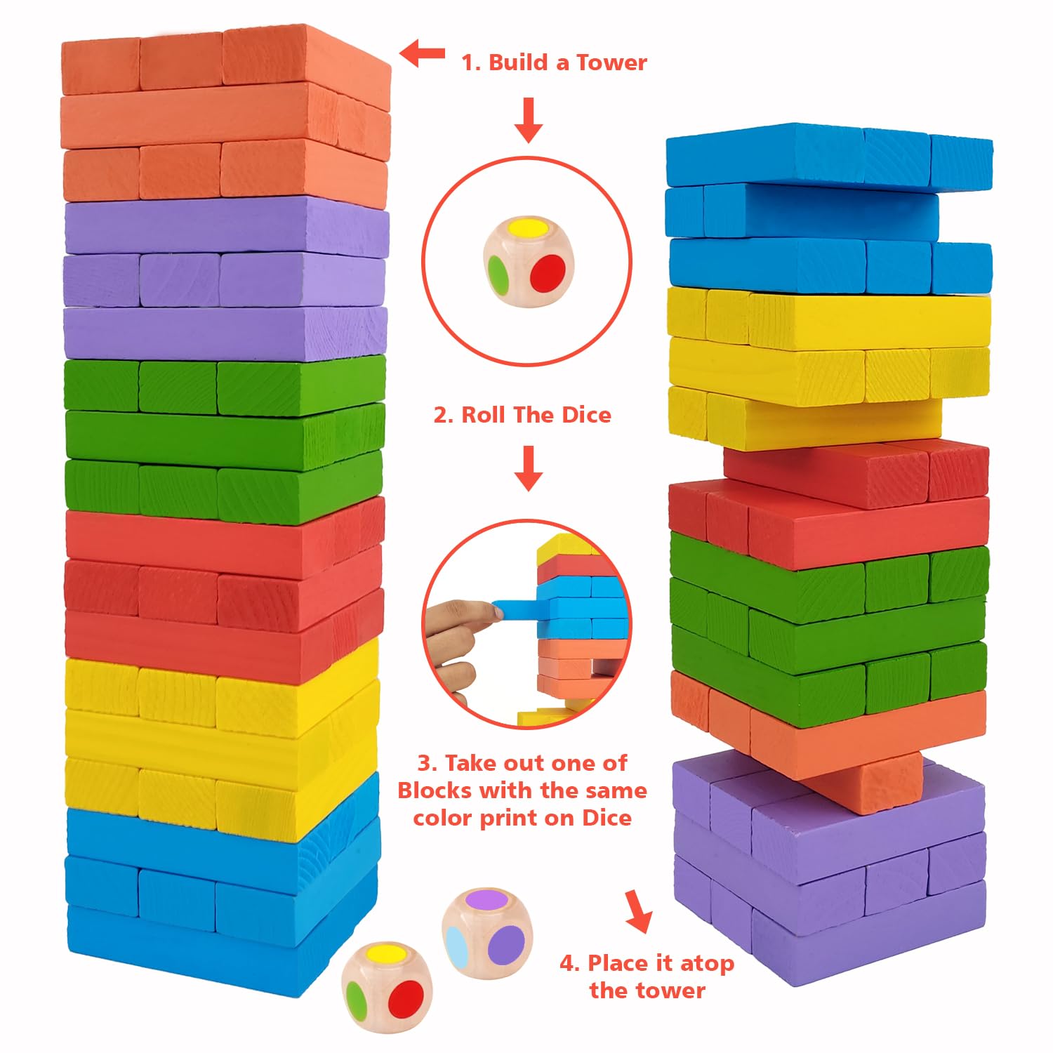 WUDLY® Colorful Wooden Stacking Tower Game for Kids & Adults - Montessori Tumbling Blocks with Dice - Educational Fun Toy for Family & Party (Color) - Image 2 thumbnail