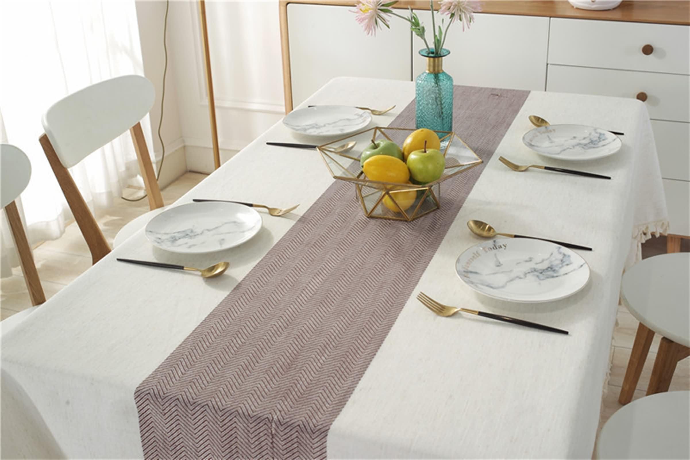 Mantel Rectangular Púrpura Claro Antimanchas, Empalme de Rayas Onduladas con Borlas, de Poliéster y Lino Elegante, 140 x 180 cm, Mantel para Hogar y Cocina