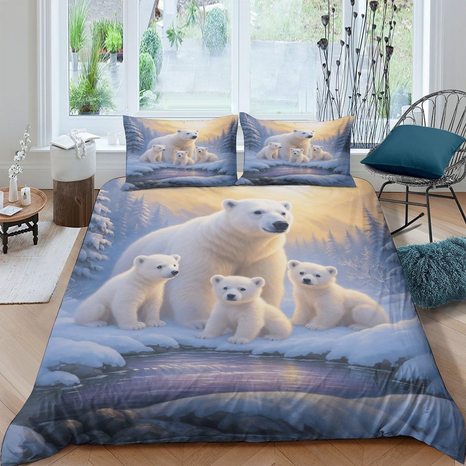 Ctjqhvkz Style-1 3D Printed Polar Bear Family Fitted Sheet Microfiber Soft Washable Winter Forest Mattress Cover Bedroom Decor Single（135X200cm）