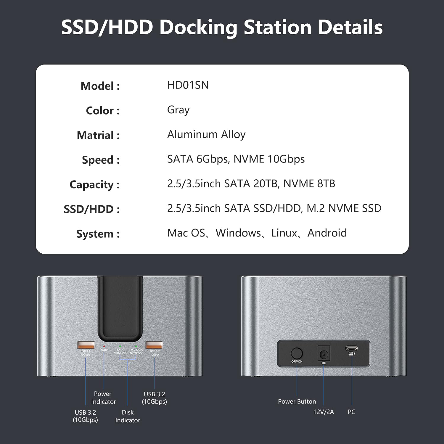 Enclosure per disco rigido a 2 alloggiamenti per HDD/SSD SATA da 2,5" e 3,5" e SSD M.2 NVMe, interfaccia USB 3.2 da 10 Gbps, fino a 28 TB