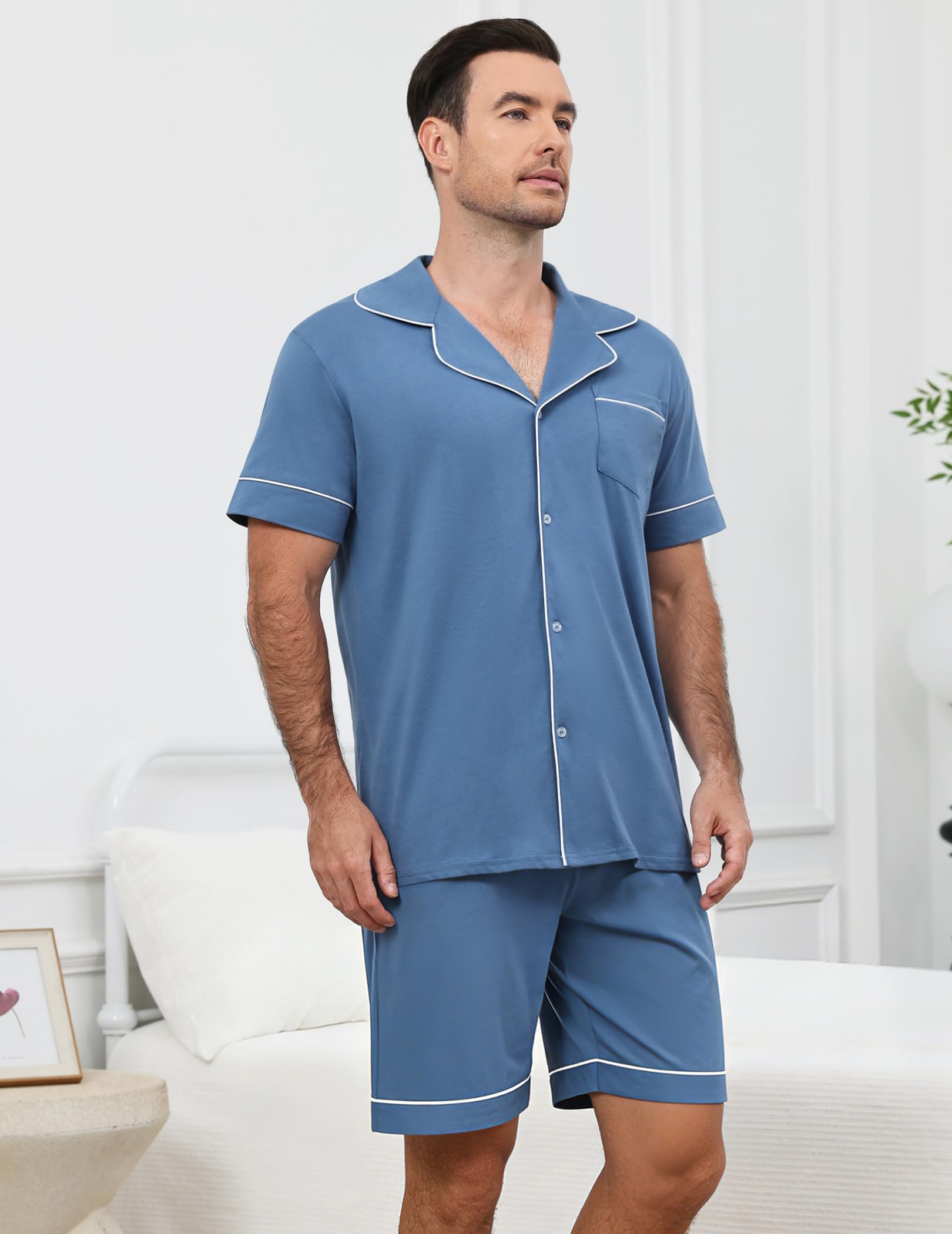 Pijama Hombre Corto Algodon para Verano, Ropa de Dormir Dos Piezas, Conjunto Manga Corta Camiseta Abierto Delante con Botones y Shorts con Bolsillos, Suave y Cómodo Pijamas para Salir S-XXL
