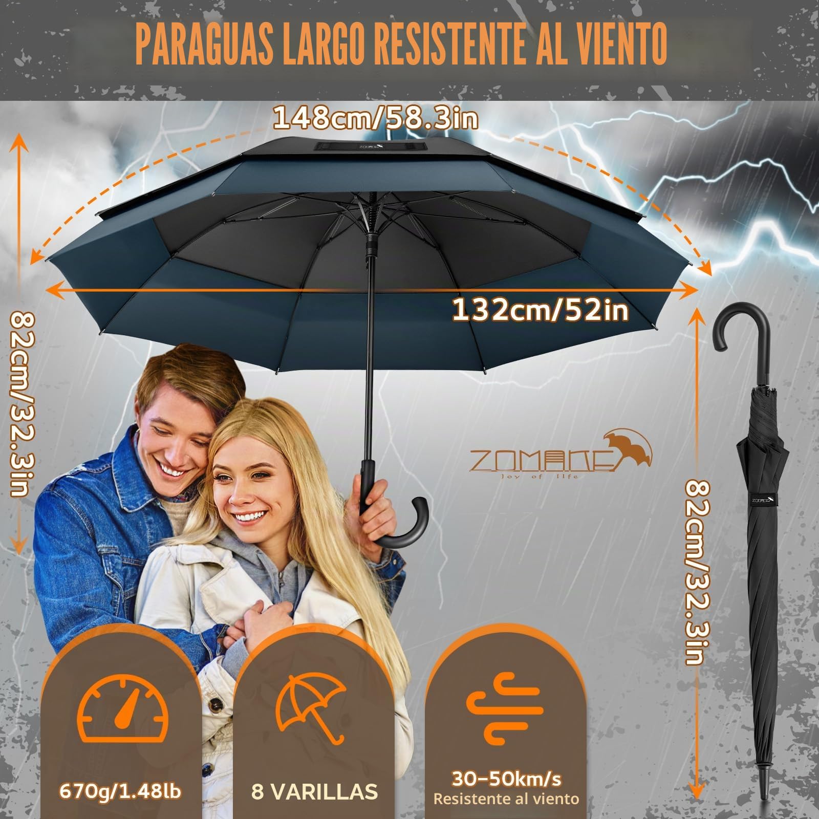 ZOMAKE Paraguas Grande 58 Pulgadas Para Hombre Mujer,8 Varillas Paraguas De Golf Antiviento,Umbrella Trekking Con Dosel RetráCtil De Apertura AutomáTica(Negro Azul Marino)