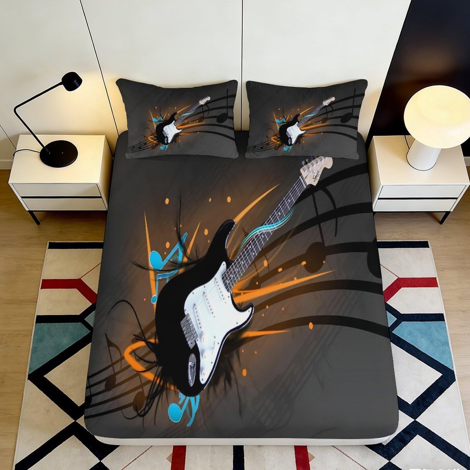 3D Printed Electric Guitar Fitted Sheet Microfiber Soft Breathable Music Note Bed Cover for Bedroom Dorm Mattress Protection Decor 160x200x25cm