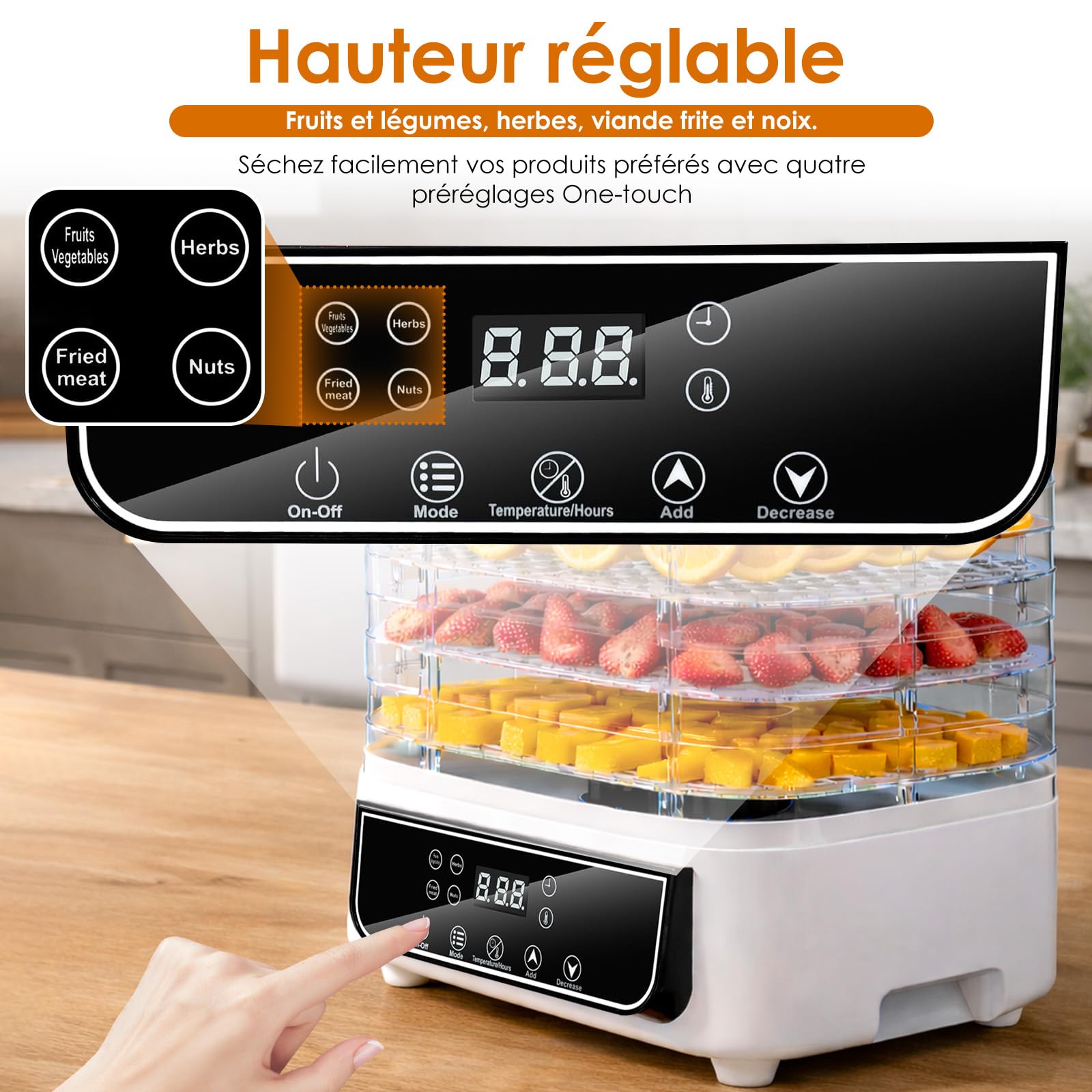 Déshydrateur Alimentaire, Déshydrateur à 5 Plateaux Réglables en Hauteur, Contrôle de Température de 35 à 70°C et Minuterie de 72 Heures, Déshydrateur pour Fruits et Légumes, Sans BPA