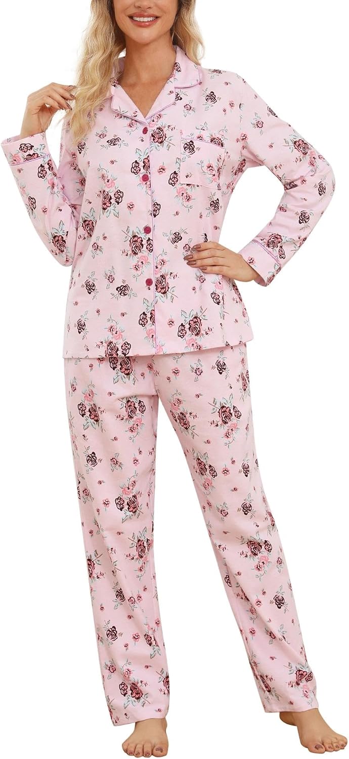 ENJOYNIGHT Womens Cotton Flannel Pajamas Set Plaid Button Pjs Long Sleeve Sleepwear