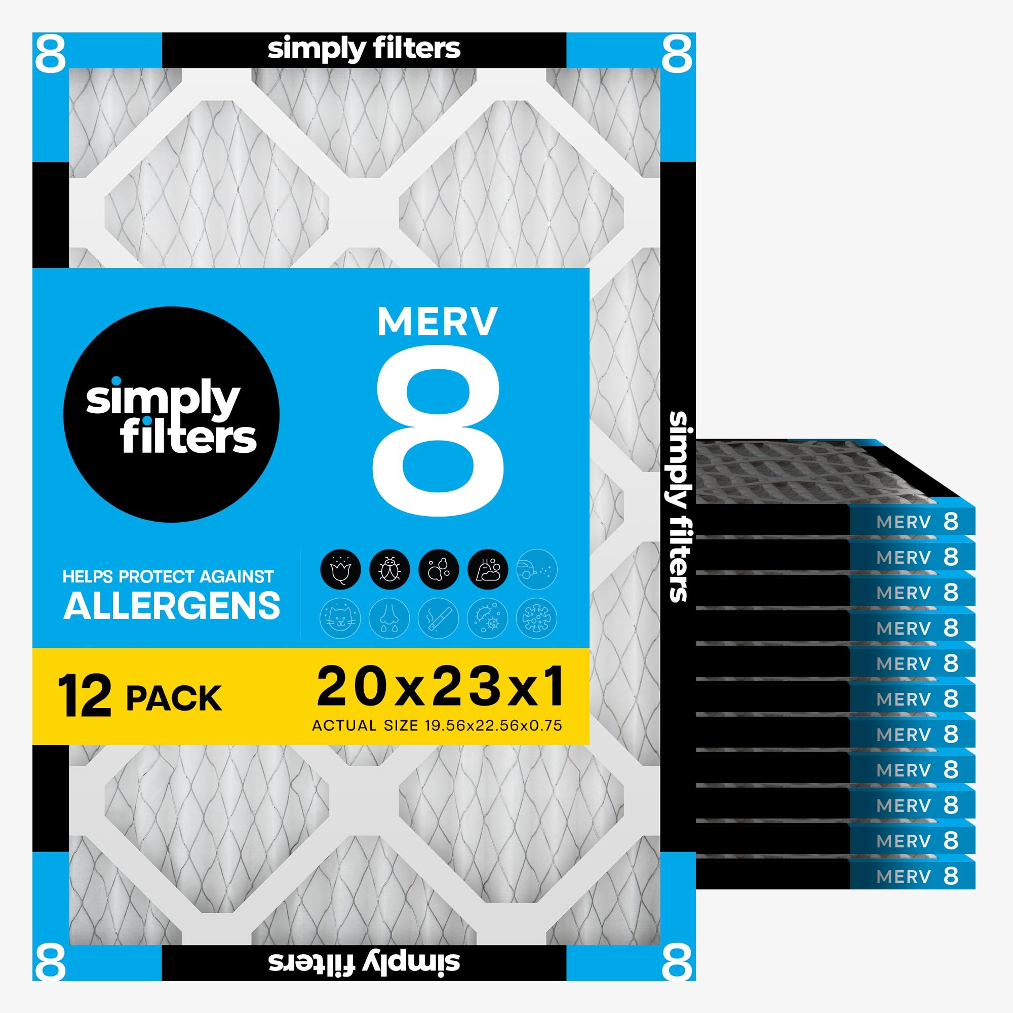 Simply Filters MERV 8 air filter 12 pack, 20x23x1, protects against allergens
